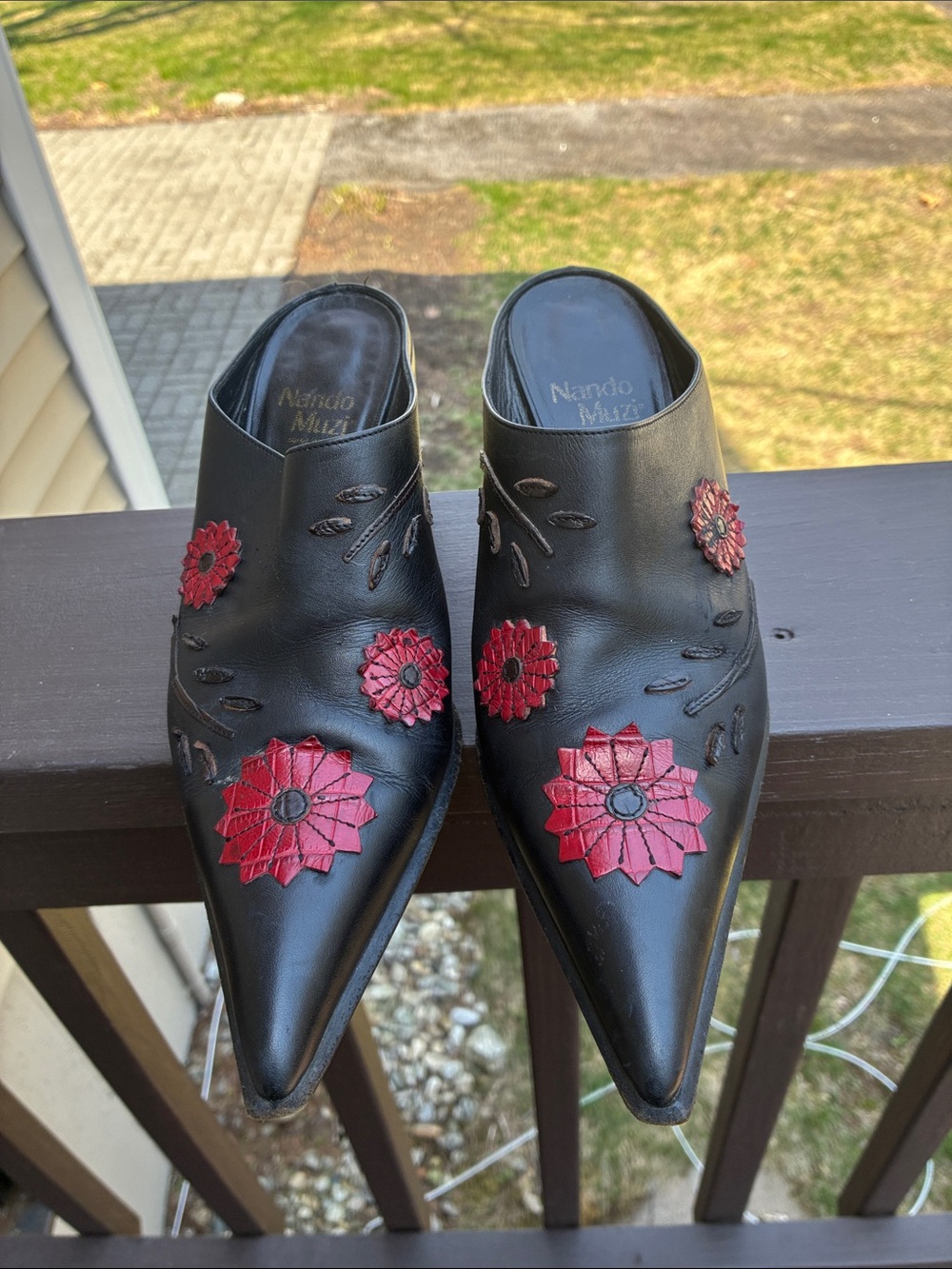 Vintage Nando Muzi Black Leather Pointed Mules with Red Floral Appliqués